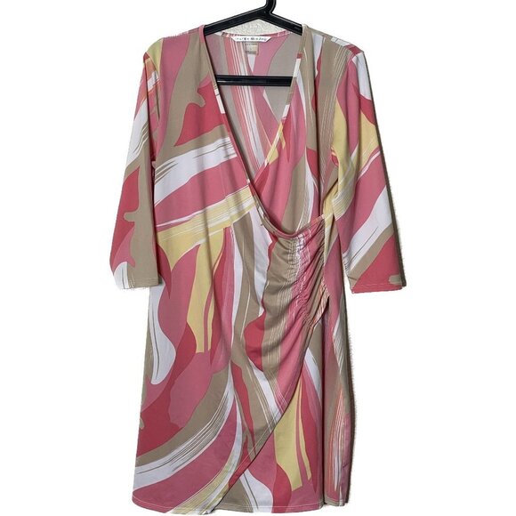 Peter Nygard Pink Beige Yellow Retro Print 3 Quarter Sleeve Surplice Midi Dress - Picture 1 of 8